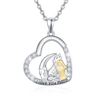 Sterling Silver Round Zircon Wolf & Heart Pendant Necklace with Engraved Word-2