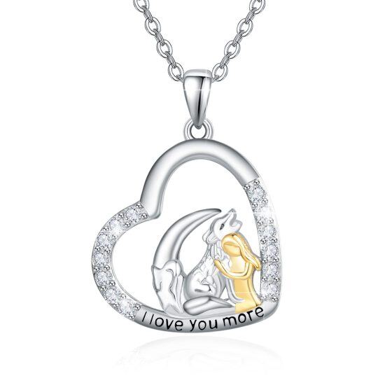 Sterling Silver Round Zircon Wolf & Heart Pendant Necklace with Engraved Word