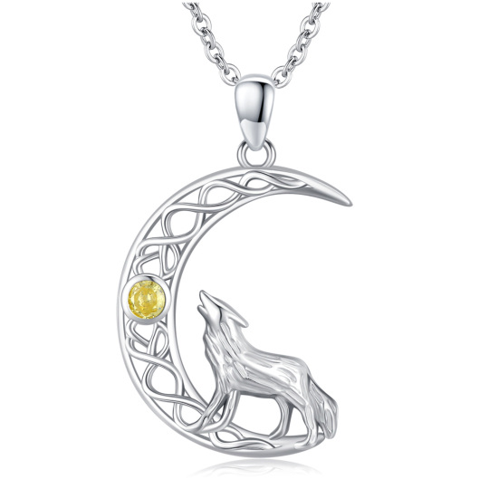 Sterling Silver Round Zircon Wolf Pendant Necklace