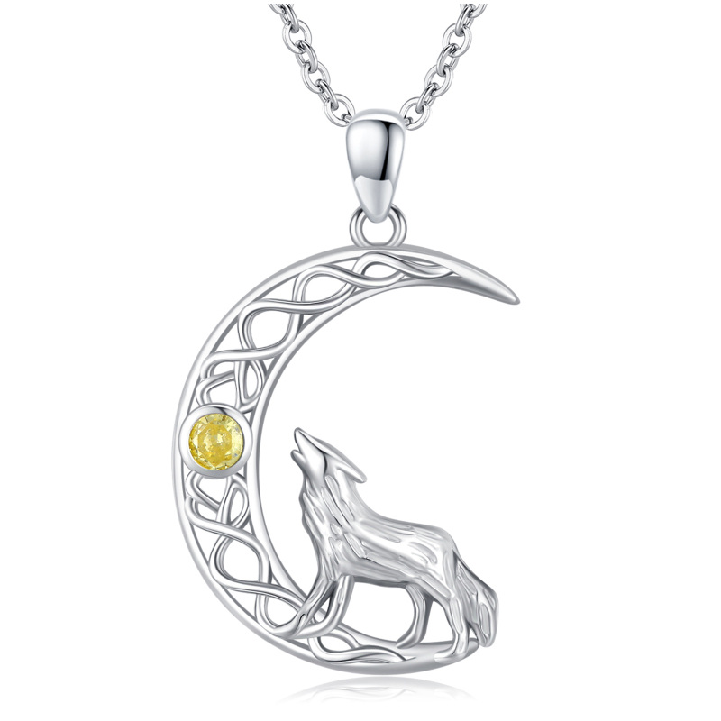 Sterling Silver Round Zircon Wolf Pendant Necklace-19
