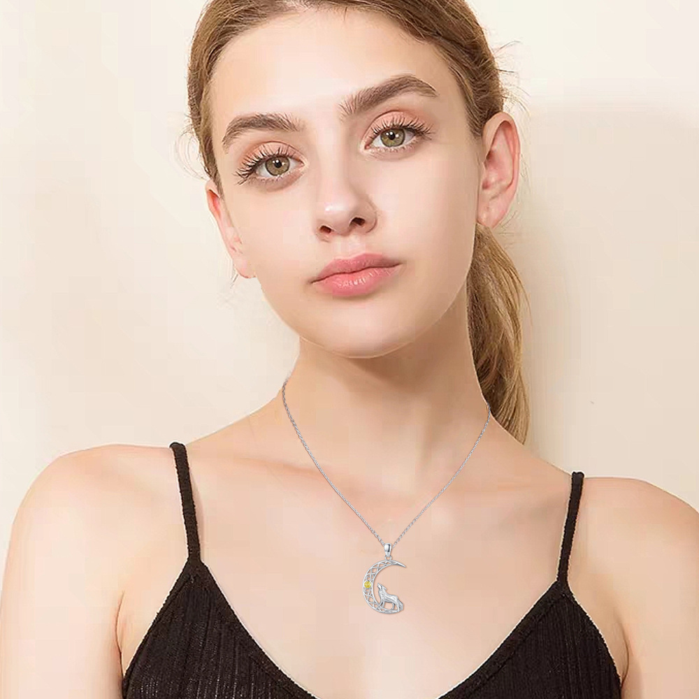 Sterling Silver Round Zircon Wolf Pendant Necklace-2
