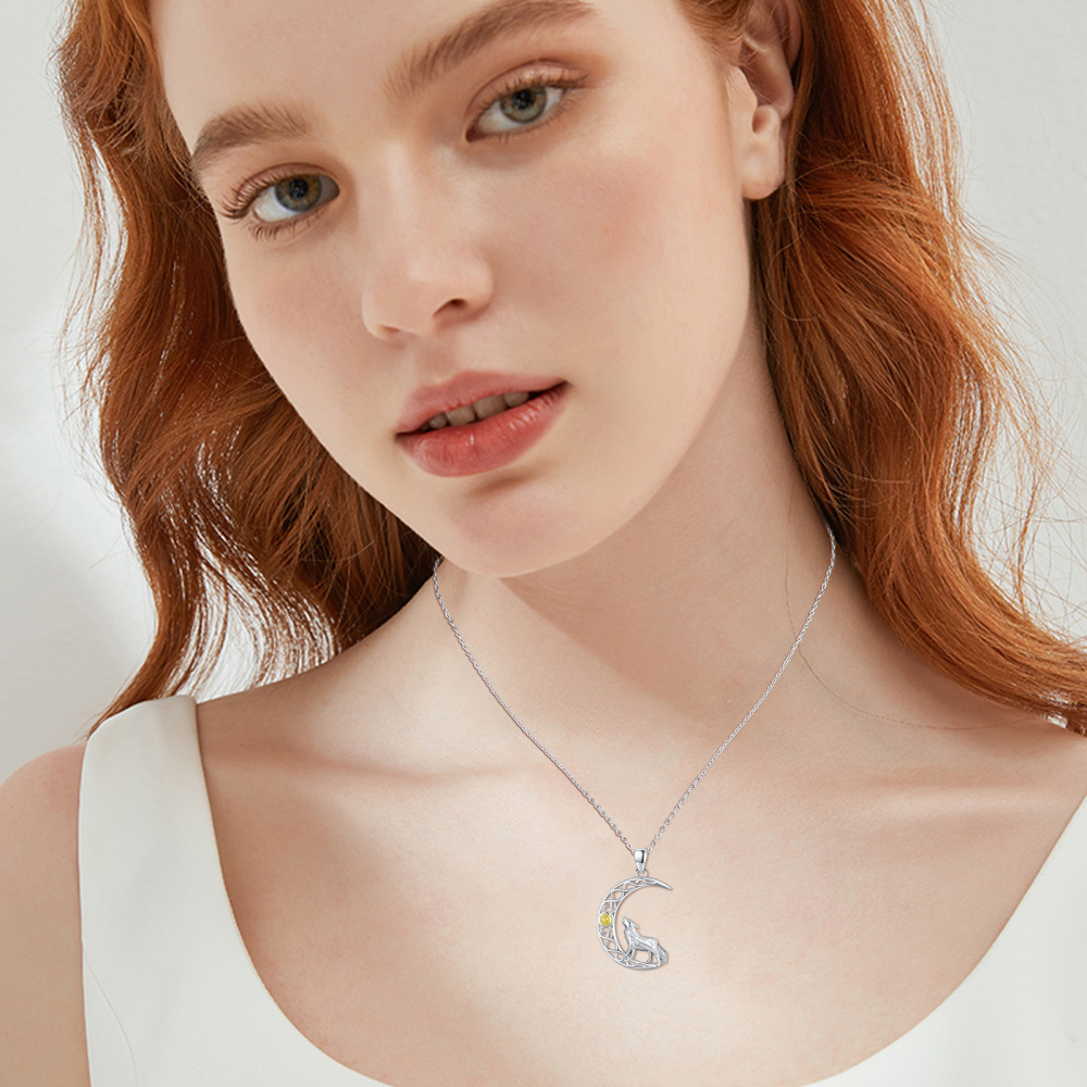Sterling Silver Round Zircon Wolf Pendant Necklace-3