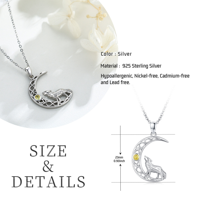 Colar de prata esterlina com pingente de zircão redondo e lobo-4