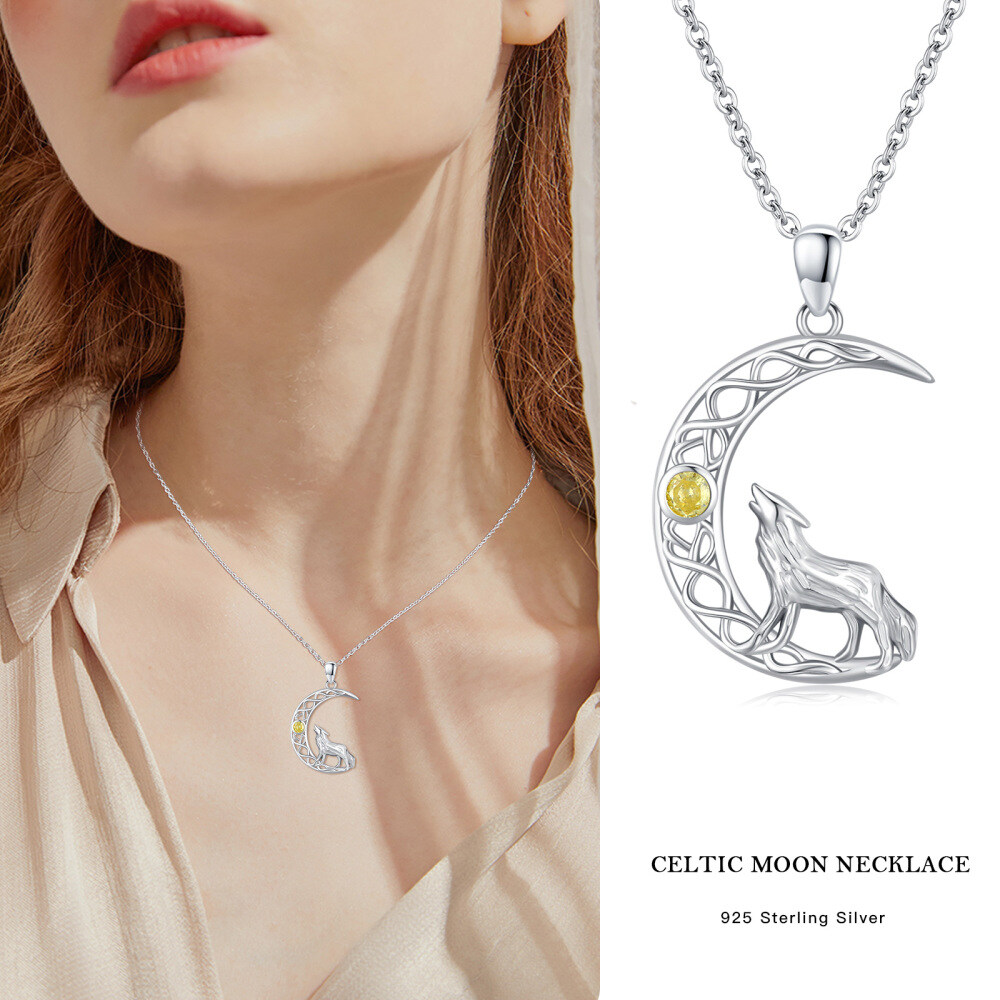 Sterling Silver Round Zircon Wolf Pendant Necklace-5