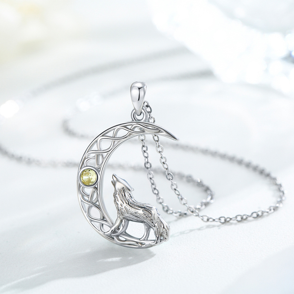 Sterling Silver Round Zircon Wolf Pendant Necklace-6