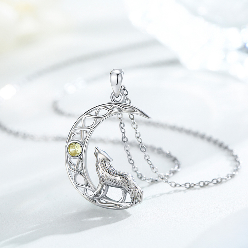 Colar de prata esterlina com pingente de zircão redondo e lobo-6