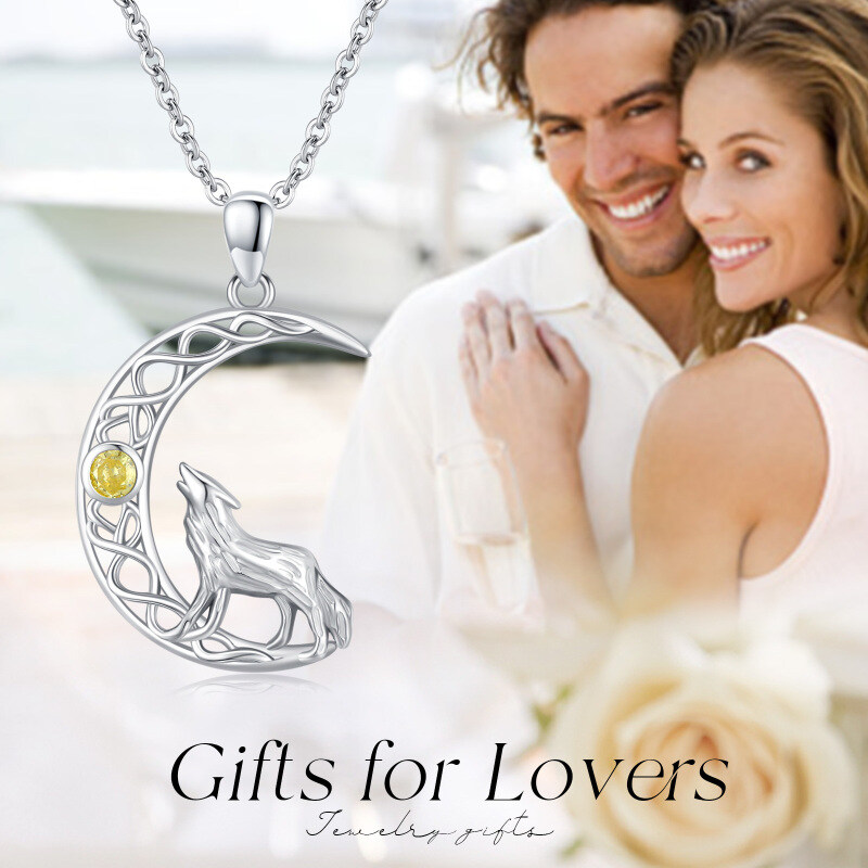 Colar de prata esterlina com pingente de zircão redondo e lobo-7