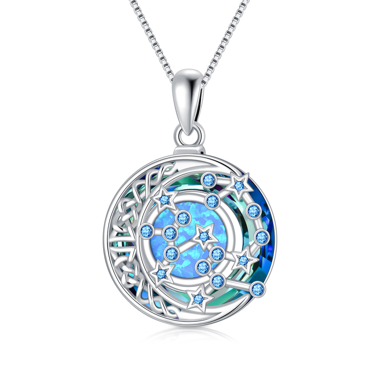 Sterling Silver Sagittarius Circular Opal With Crystal Pendant Necklace-1