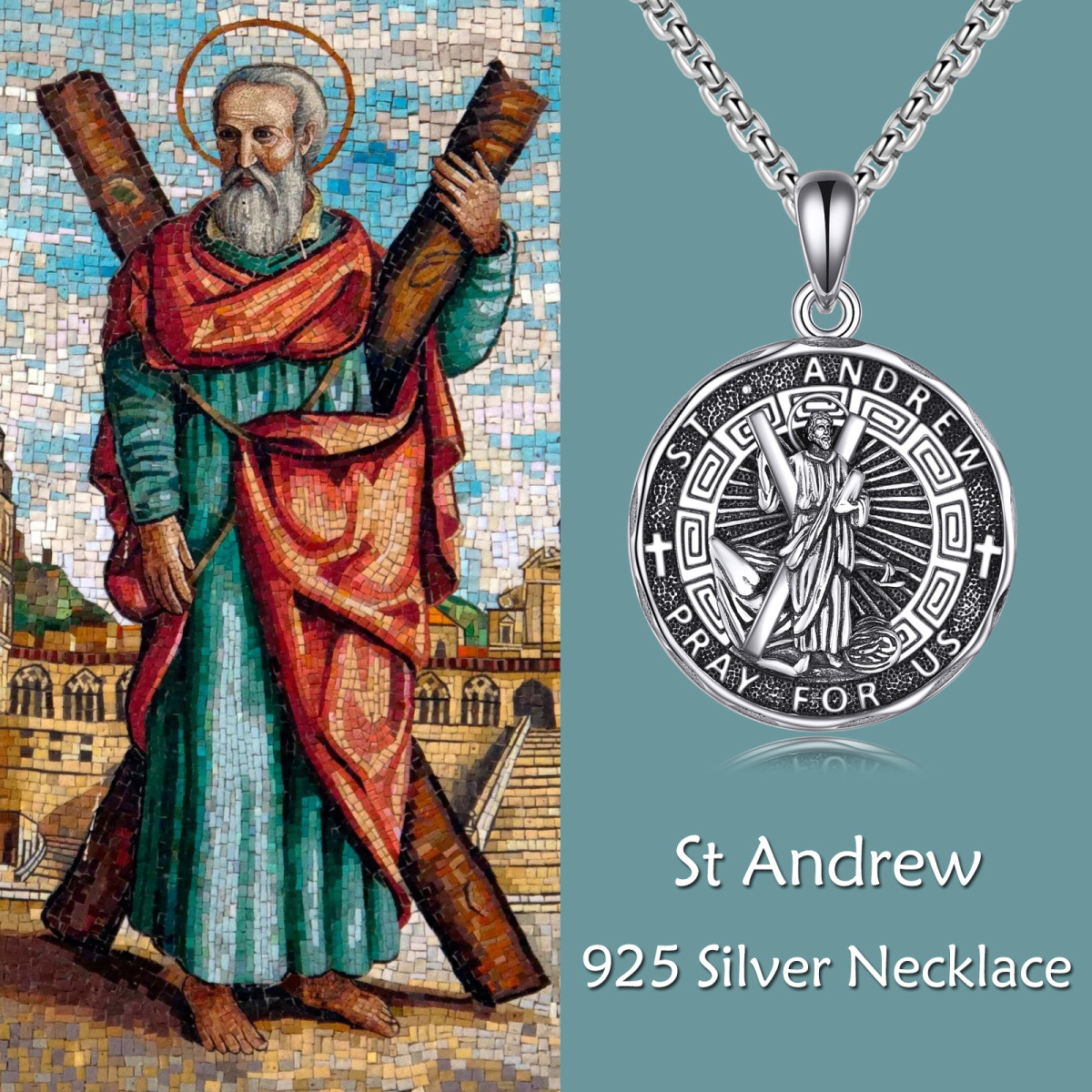 Sterling Silver Saint Andrew Pendant Necklace for Men-6