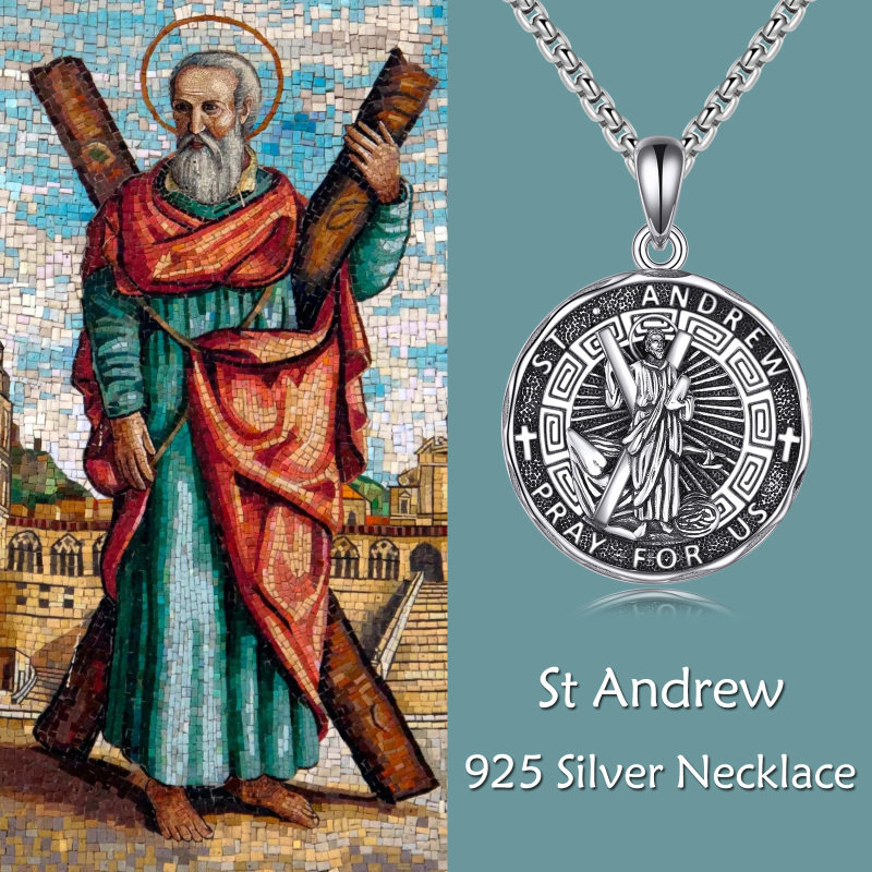 Sterling Silver Saint Andrew Pendant Necklace for Men-6
