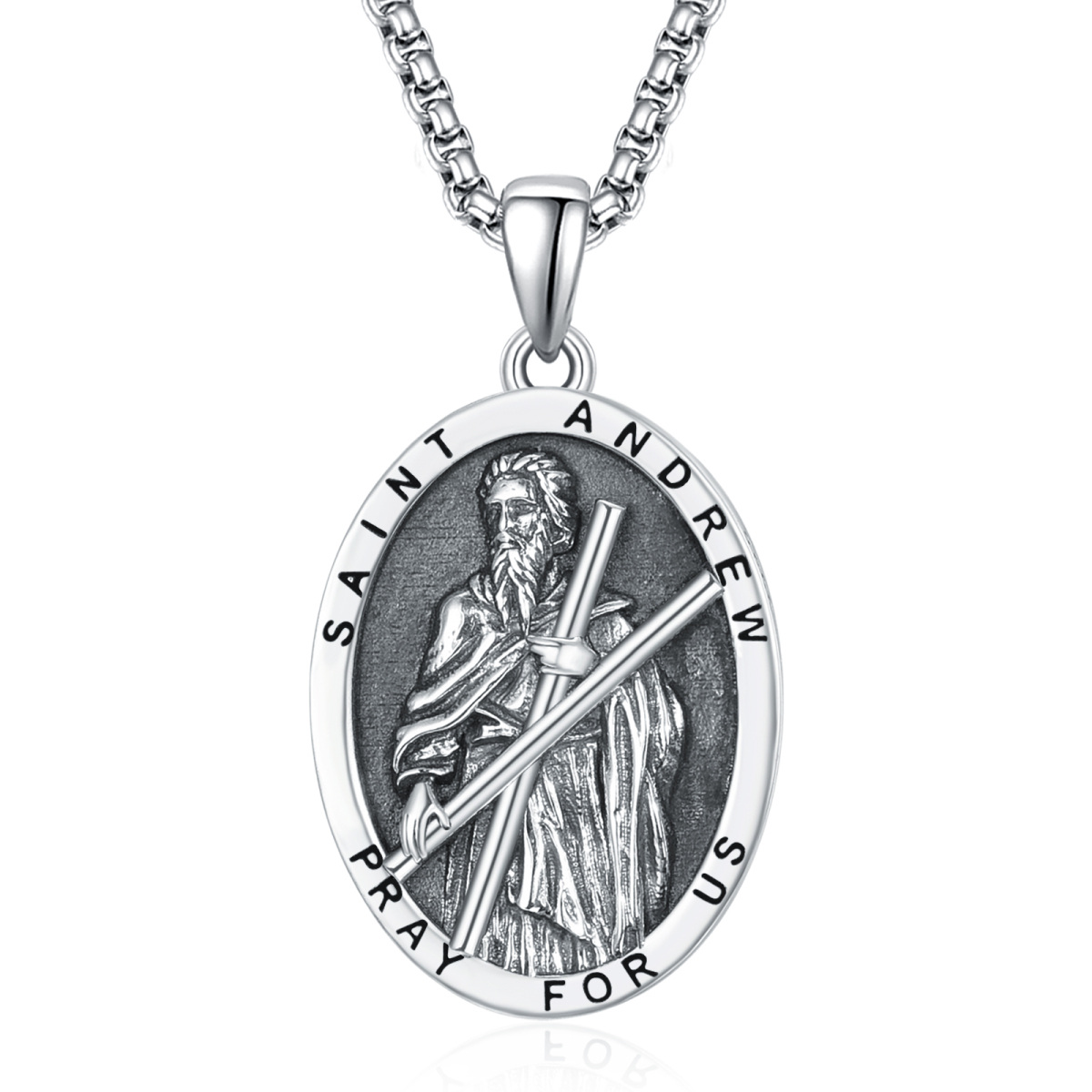 Sterling Silver Saint Andrew Pendant Necklace with Engraved Word for Men-1