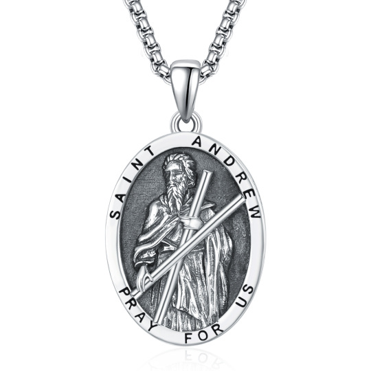 Sterling Silver Saint Andrew Pendant Necklace with Engraved Word for Men