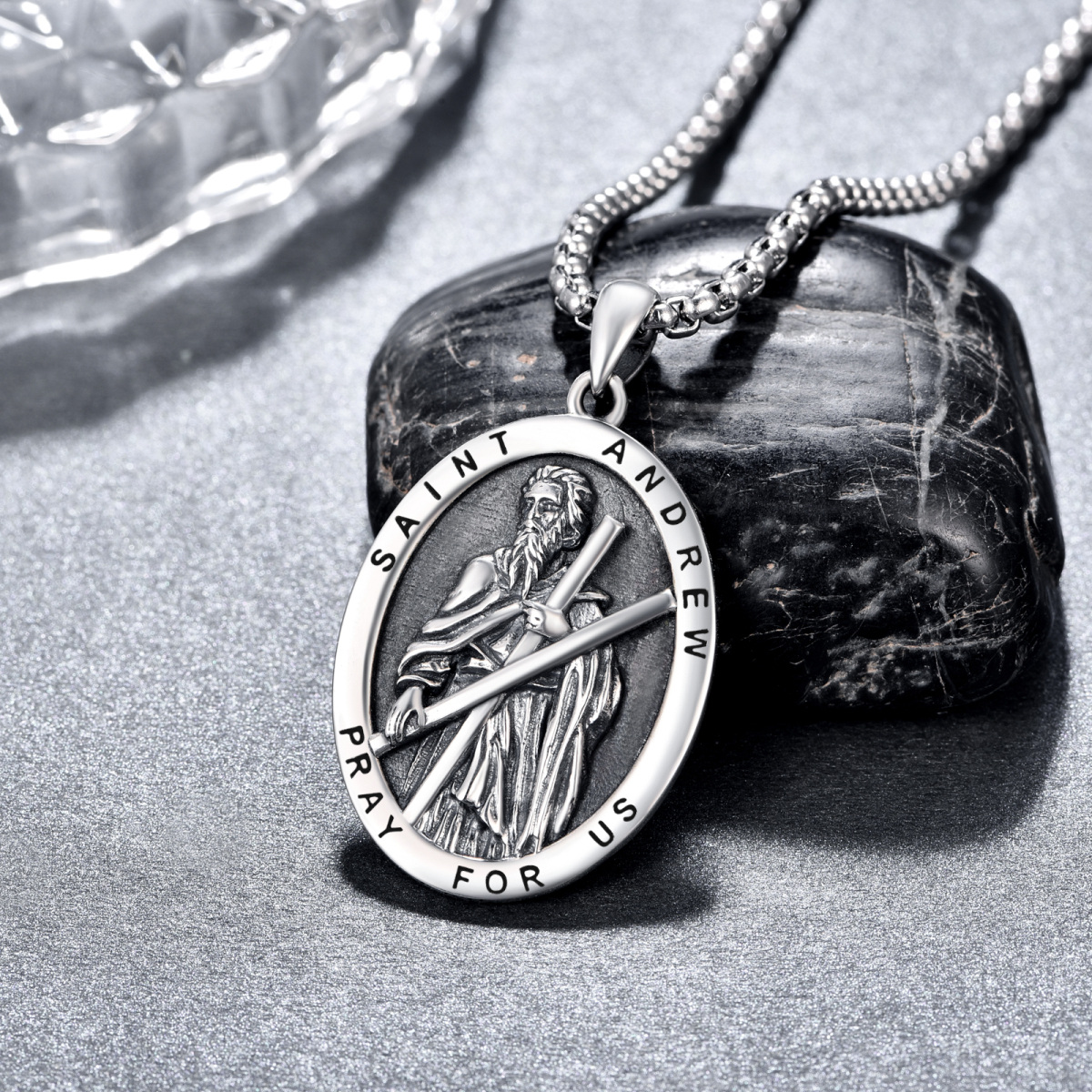 Sterling Silver Saint Andrew Pendant Necklace with Engraved Word for Men-3