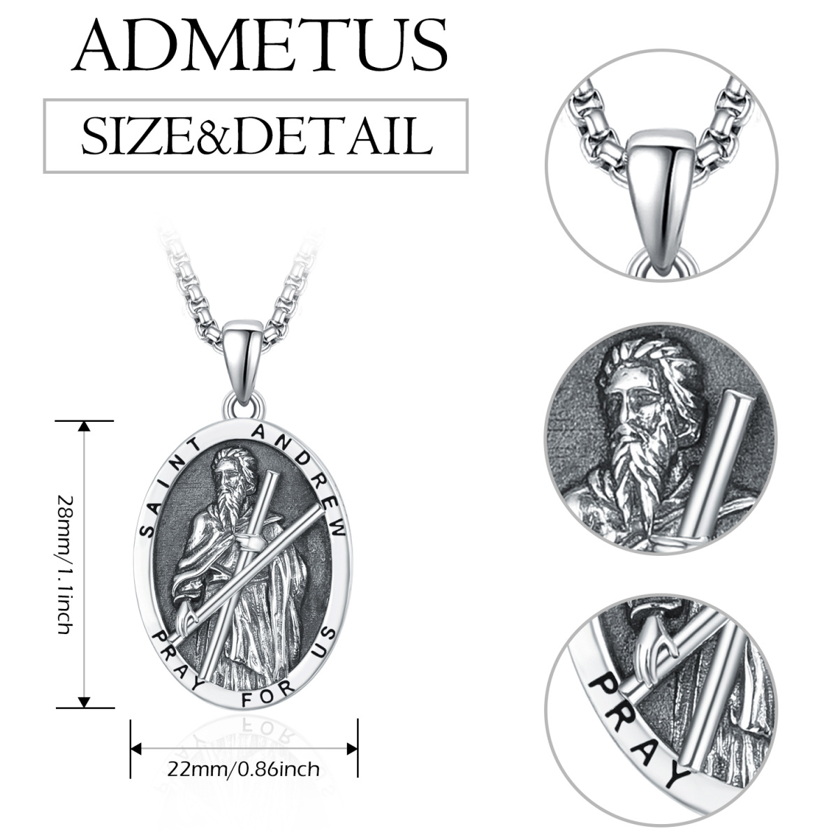 Sterling Silver Saint Andrew Pendant Necklace with Engraved Word for Men-6