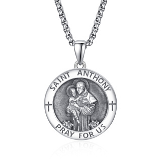 Oxidized Sterling Silver Saint Anthony Pray For Us Coin Pendant Necklace For Men-4