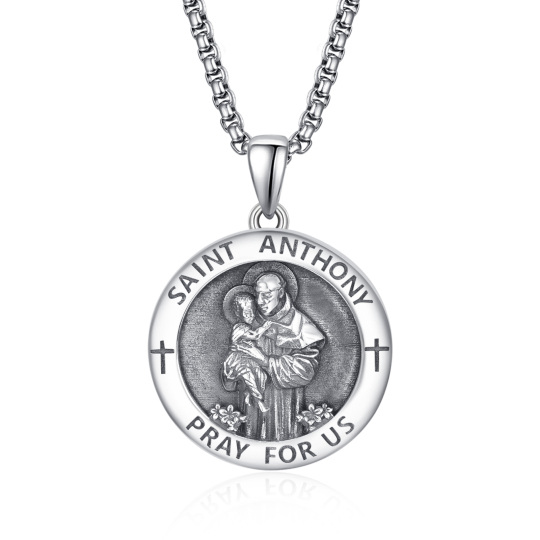 Oxidized Sterling Silver Saint Anthony Pray For Us Coin Pendant Necklace For Men