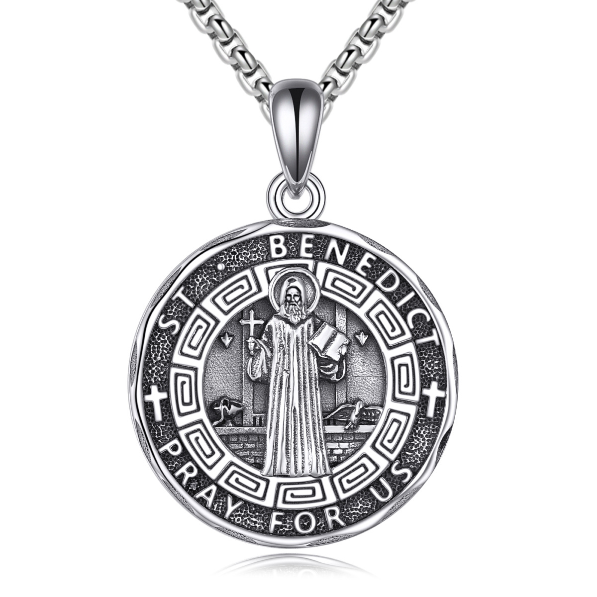 Sterling Silver Saint Benedict Pendant Necklace for Men-1