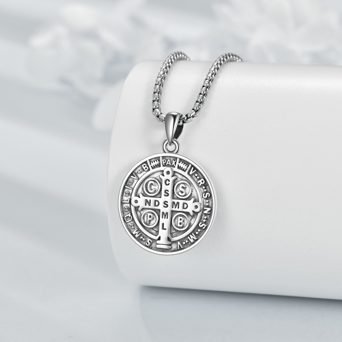 Sterling Silver Saint Benedict Pendant Necklace for Men-3