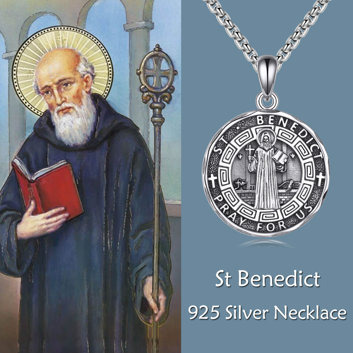 Sterling Silver Saint Benedict Pendant Necklace for Men-6