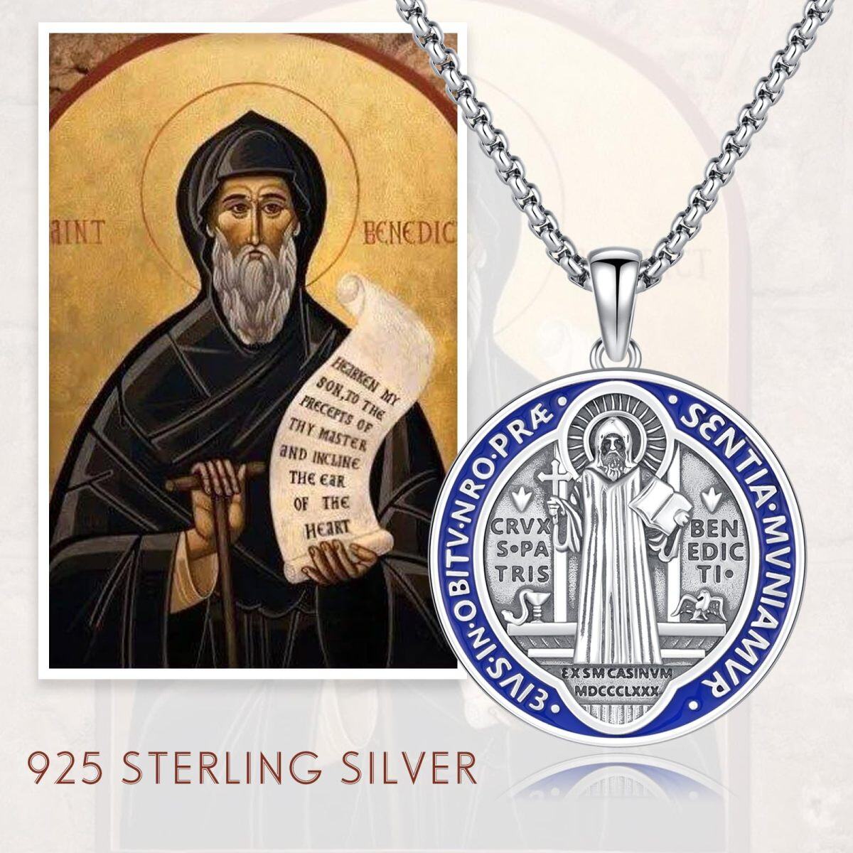 Sterling Silver Saint Benedict Pendant Necklace for Men-5