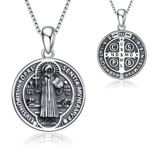 Sterling Silver Saint Benedict Pendant Necklace for Men with Engraved Word-3