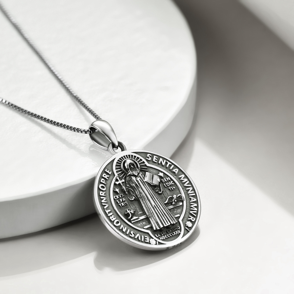 Sterling Silver Saint Benedict Pendant Necklace for Men with Engraved Word-3