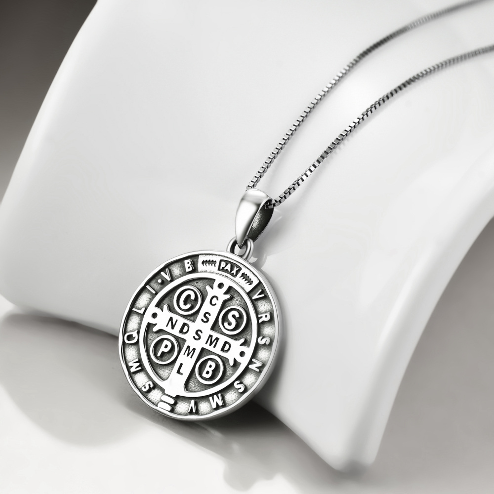 Sterling Silver Saint Benedict Pendant Necklace for Men with Engraved Word-4