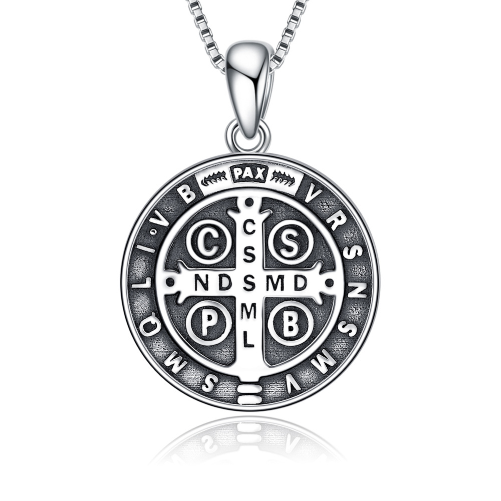 Sterling Silver Saint Benedict Pendant Necklace for Men with Engraved Word-5