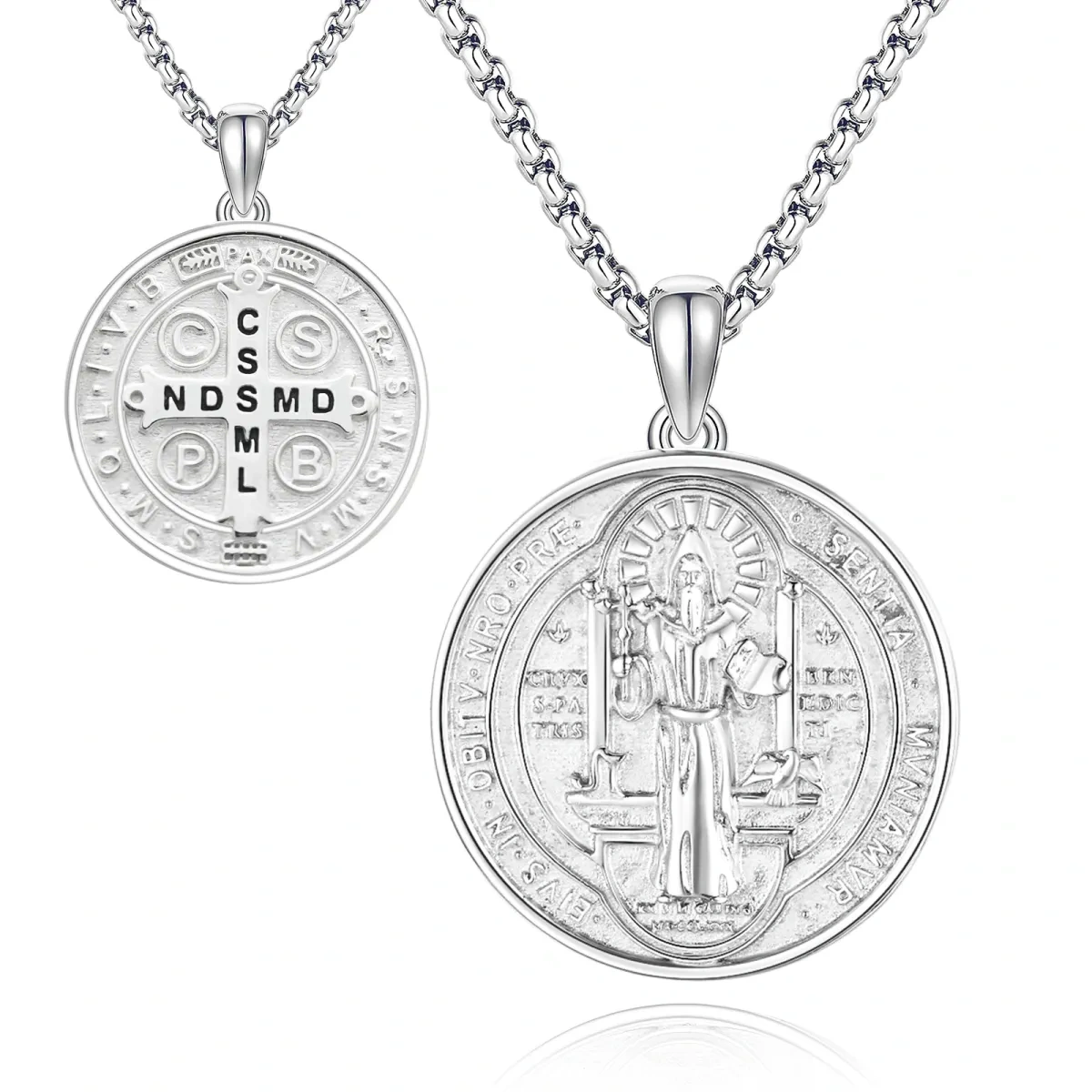 Collier en argent sterling avec pendentif Saint Benoît pour hommes-1