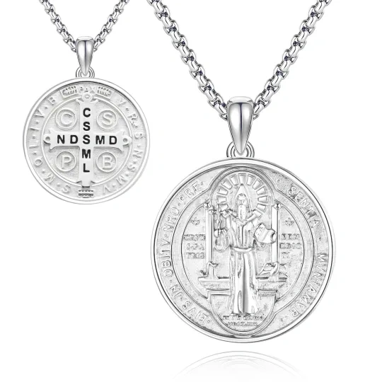 Sterling Silver Saint Benedict Pendant Necklace for Men