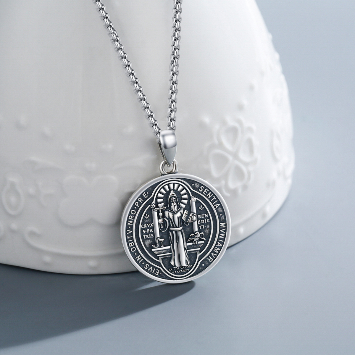 Sterling Silver Saint Benedict Pendant Necklace for Men-3