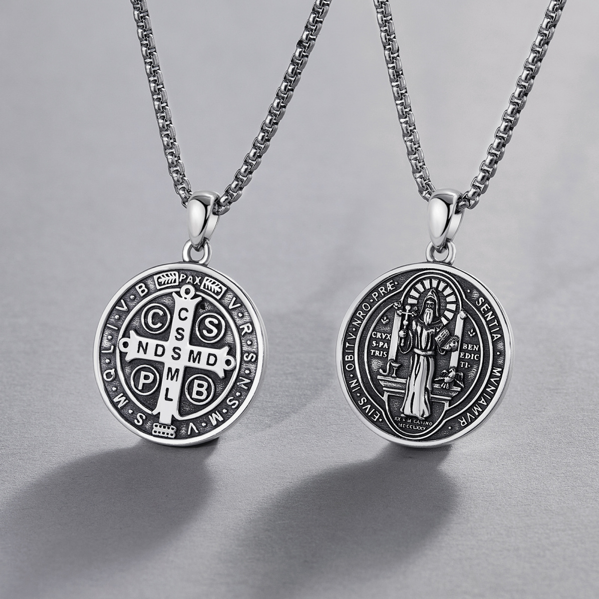 Sterling Silver Saint Benedict Pendant Necklace for Men-4