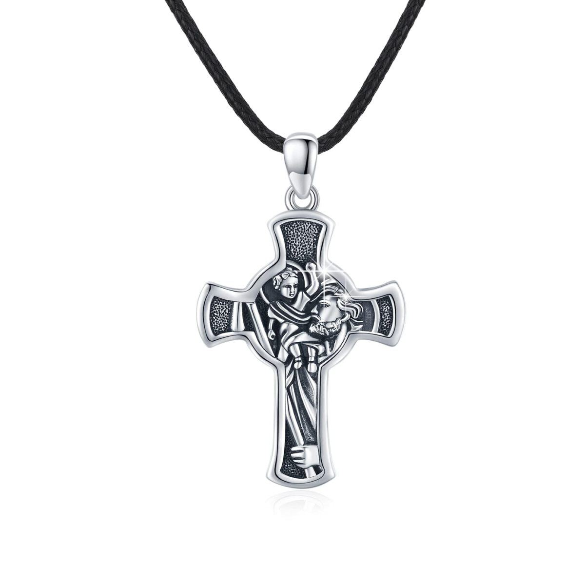 Collar de plata de ley con colgante en forma de cruz de San Cristóbal con palabra grabada para hombre-1