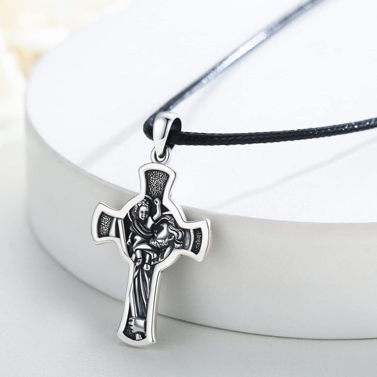 Sterling Silber Saint Christopher Kreuz Anhänger Halskette mit eingraviertem Wort für Männer-4