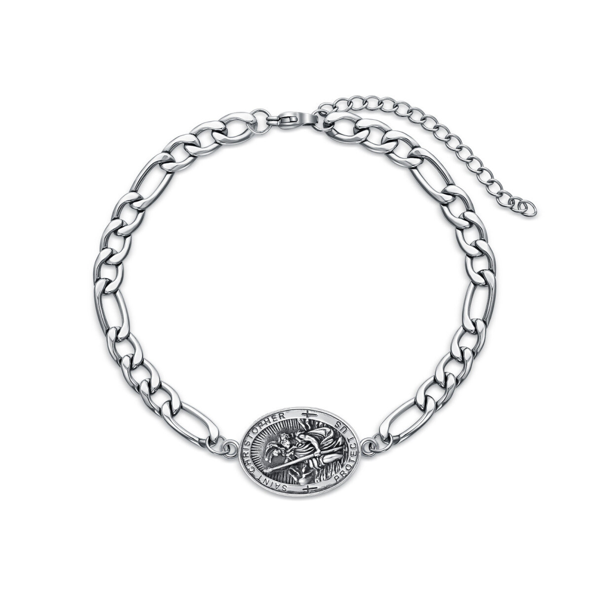 Sterling Silver Saint Christopher Charm Bracelet with Engraved Word for Men-1