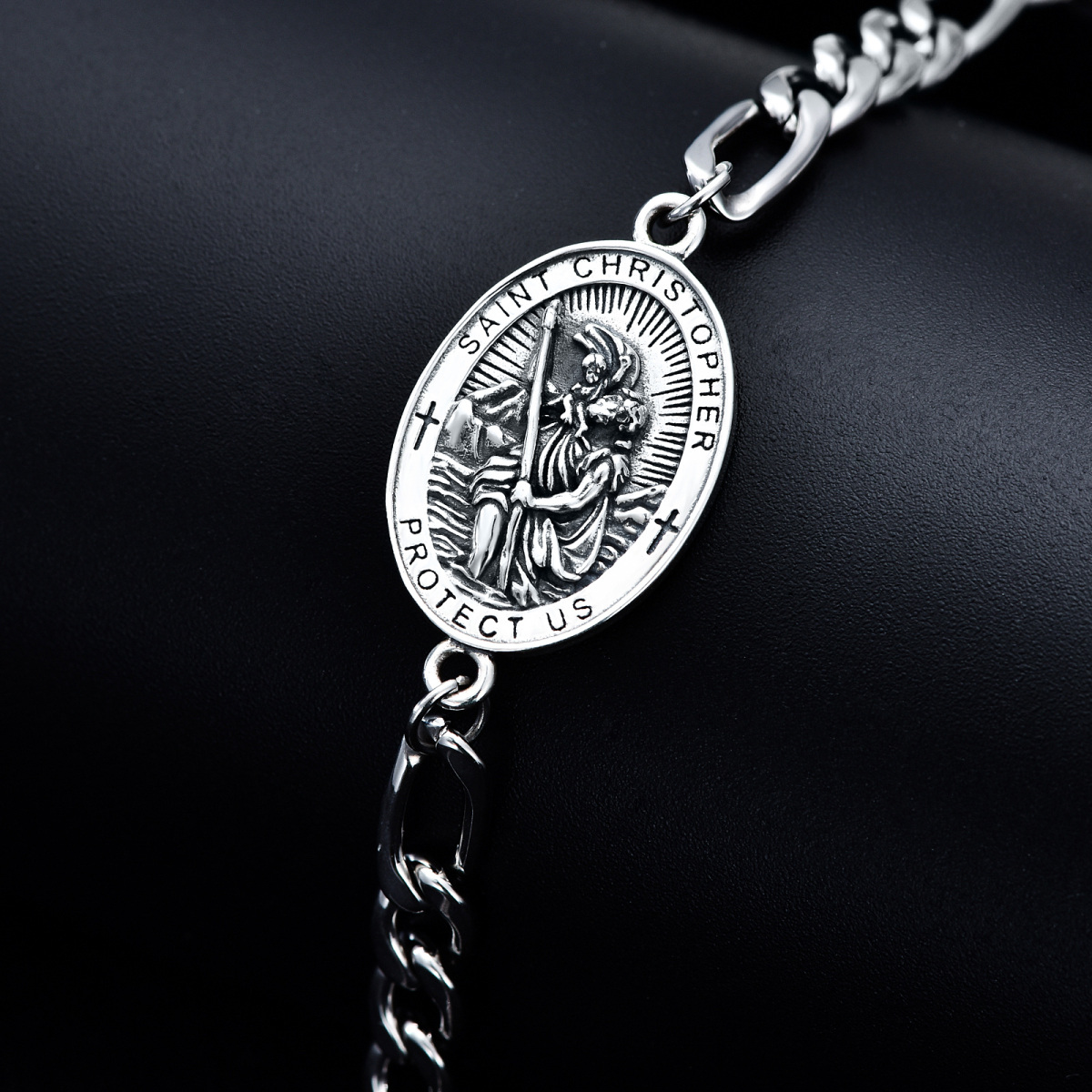 Sterling Silver Saint Christopher Charm Bracelet with Engraved Word for Men-4