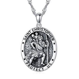 Sterling Silver Saint Christopher Pendant Necklace for Men with Singapore Chain-18