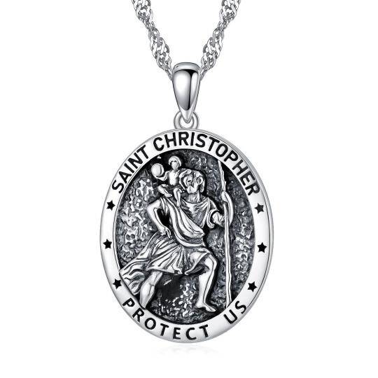 Sterling Silver Saint Christopher Pendant Necklace for Men with Singapore Chain