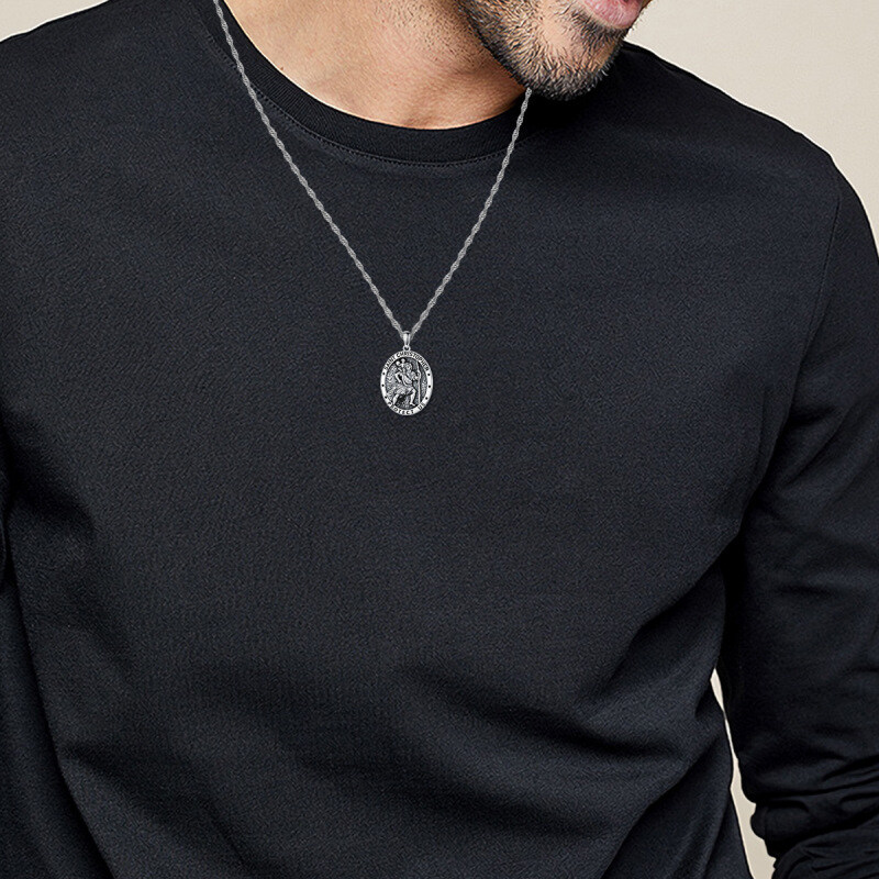 Sterling zilveren Sint Christoffel hanger ketting voor mannen met Singapore ketting-2