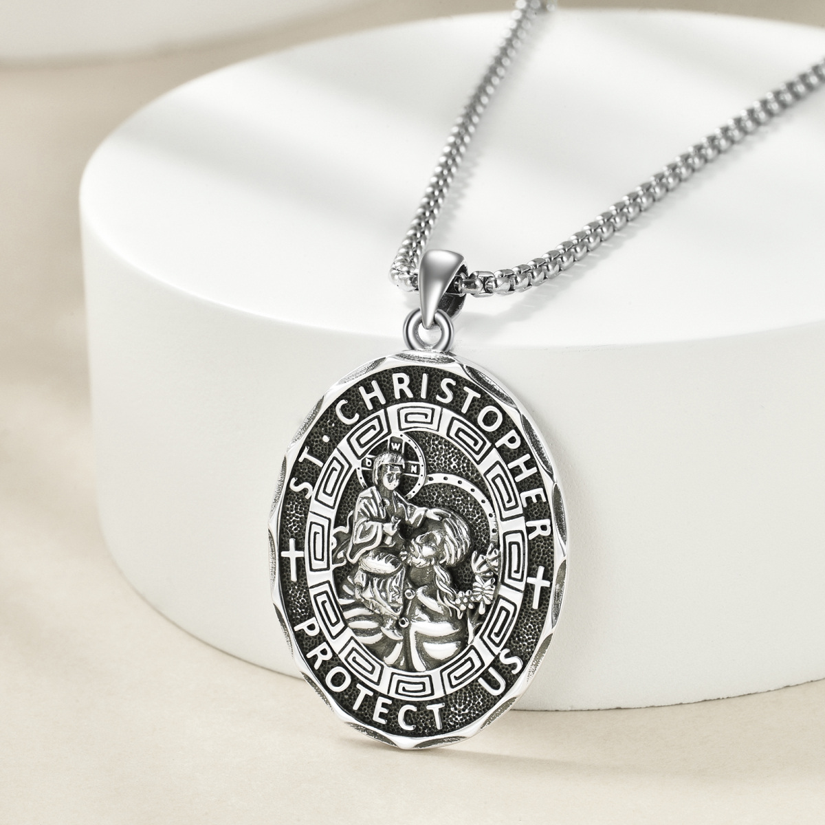 Sterling Silver Saint Christopher Engraved Necklace for Men-3