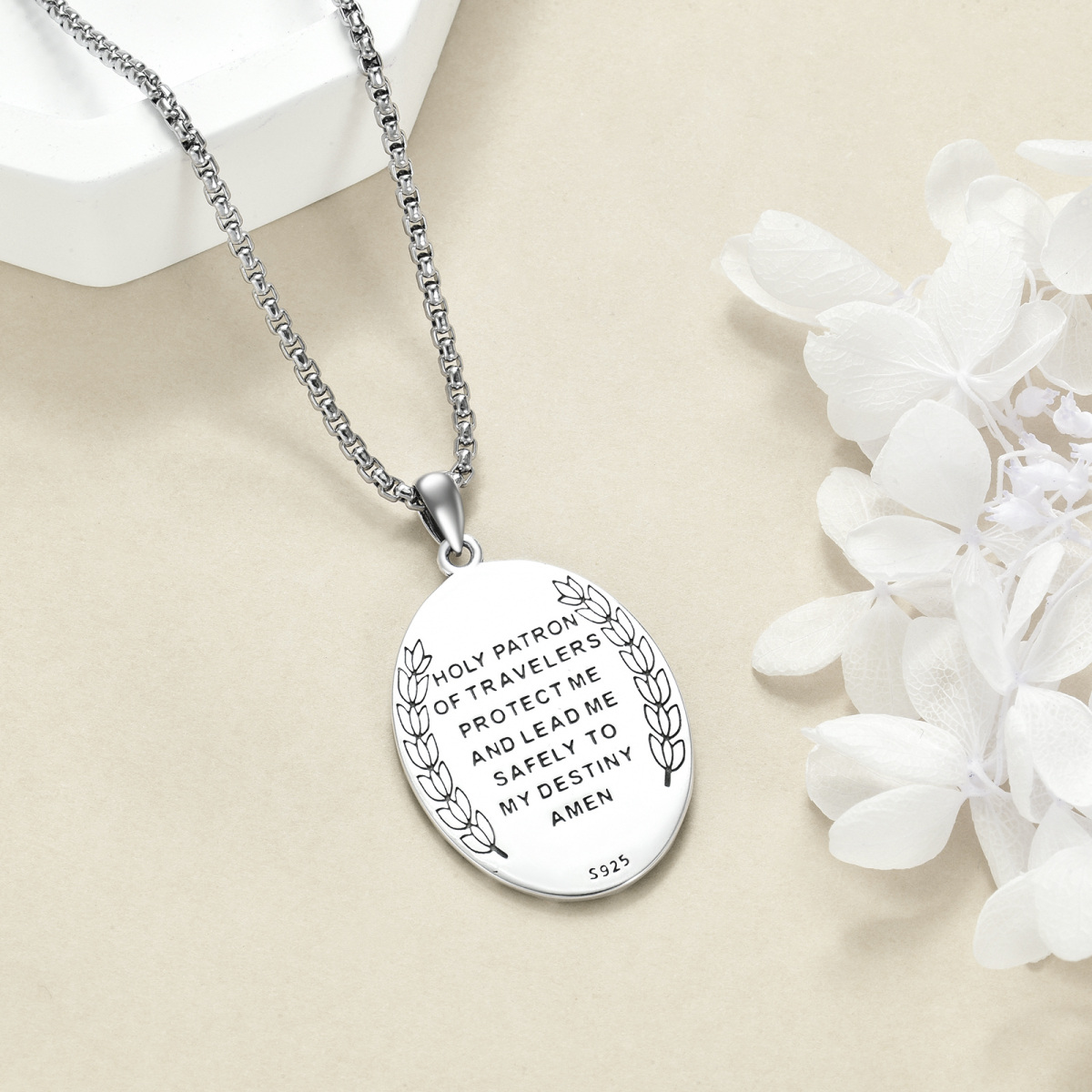 Sterling Silver Saint Christopher Engraved Necklace for Men-4