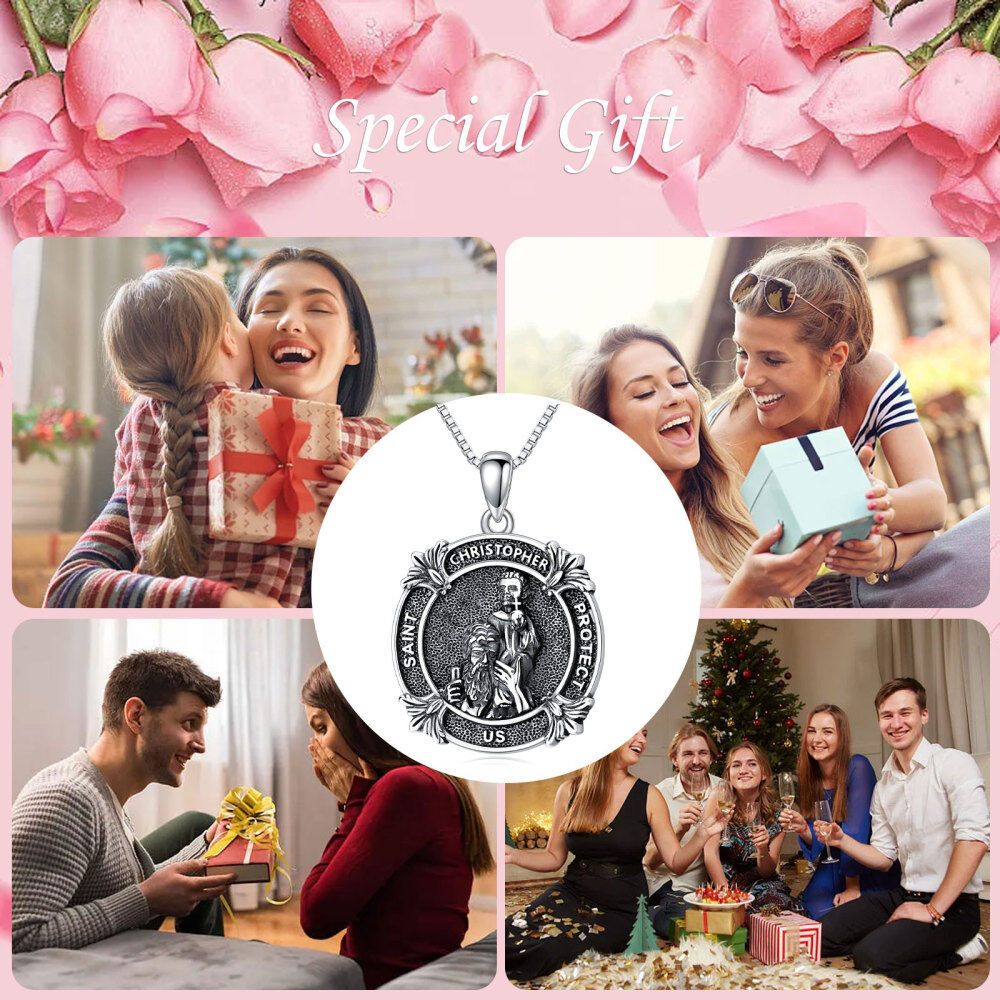 Sterling Silver Saint Christopher Pendant Necklace with Engraved Word-3