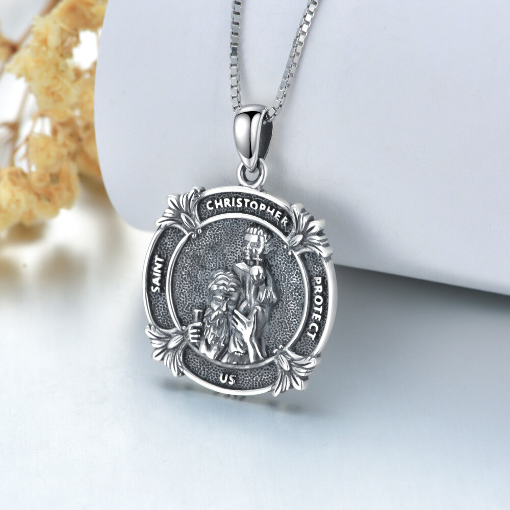 Sterling Silver Saint Christopher Pendant Necklace with Engraved Word-4