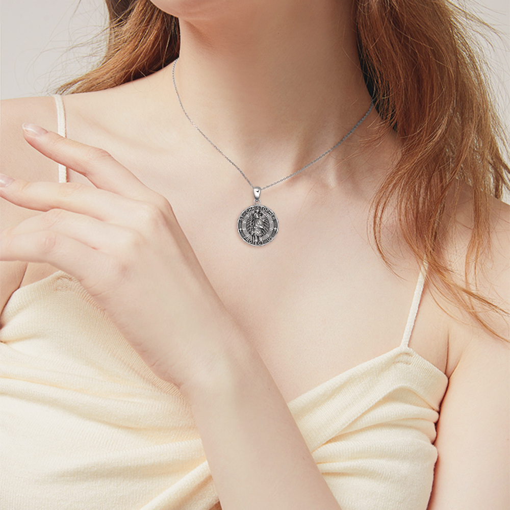 Sterling Silver Saint Christopher Engraved Pendant Necklace for Women Men-2