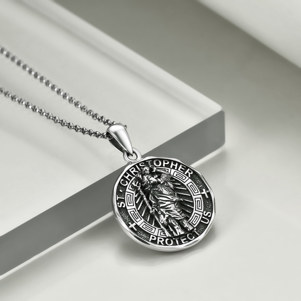 Sterling Silver Saint Christopher Engraved Pendant Necklace for Women Men-3
