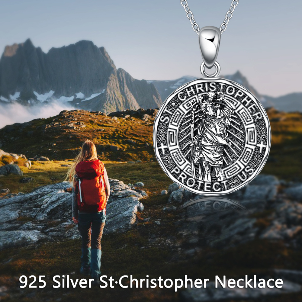 Sterling Silver Saint Christopher Engraved Pendant Necklace for Women Men-6