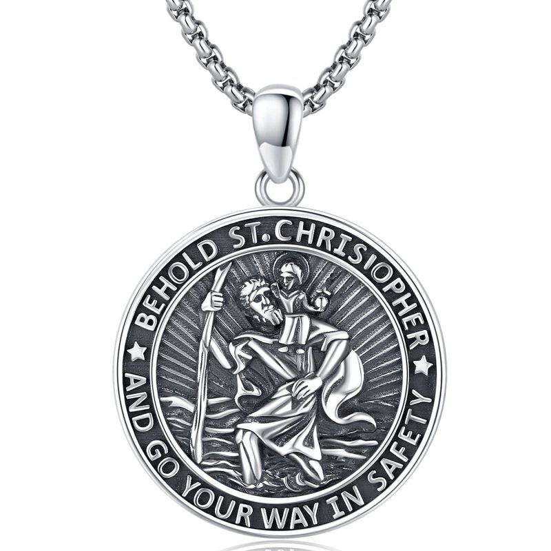 Sterling Silver Saint Christopher Pendant Necklace with Engraved Words for Men-1