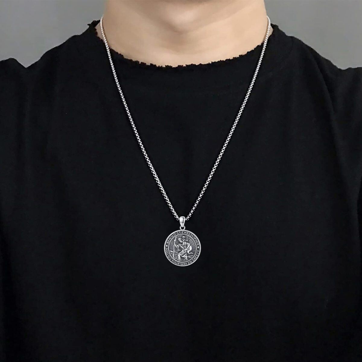 Collier en argent sterling avec pendentif Saint-Christophe et mots gravés pour hommes-2