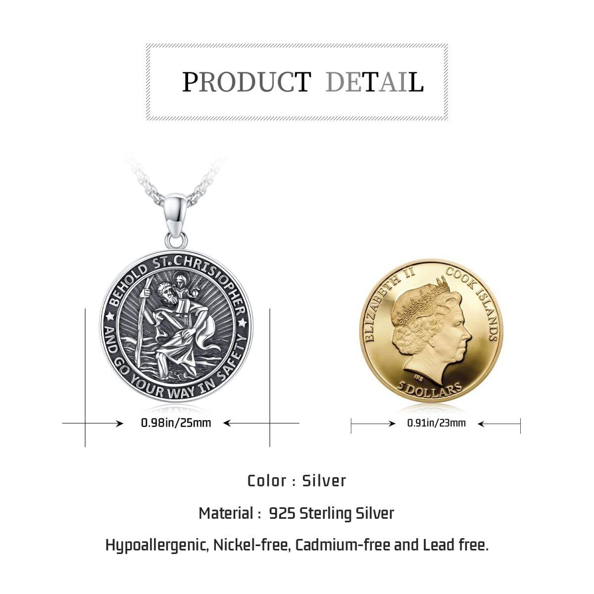 Sterling Silver Saint Christopher Pendant Necklace with Engraved Words for Men-6