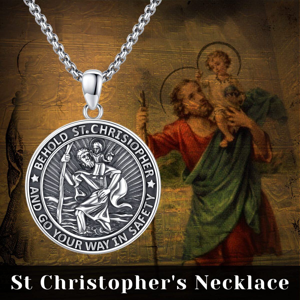 Sterling Silver Saint Christopher Pendant Necklace with Engraved Words for Men-7